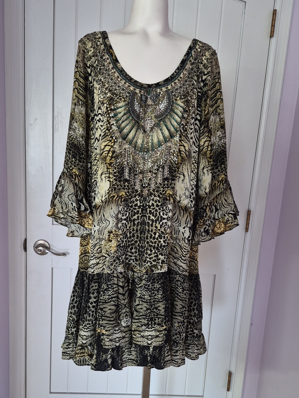 Camilla Beaded Animal Print  Dress - Green, Black & Cream.